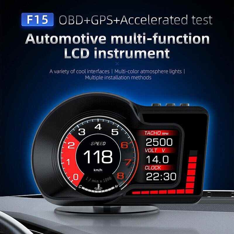 F15 Car HUD Head Up Display OBD2 GPS Dual System Car Gauge Speedometer Alarm