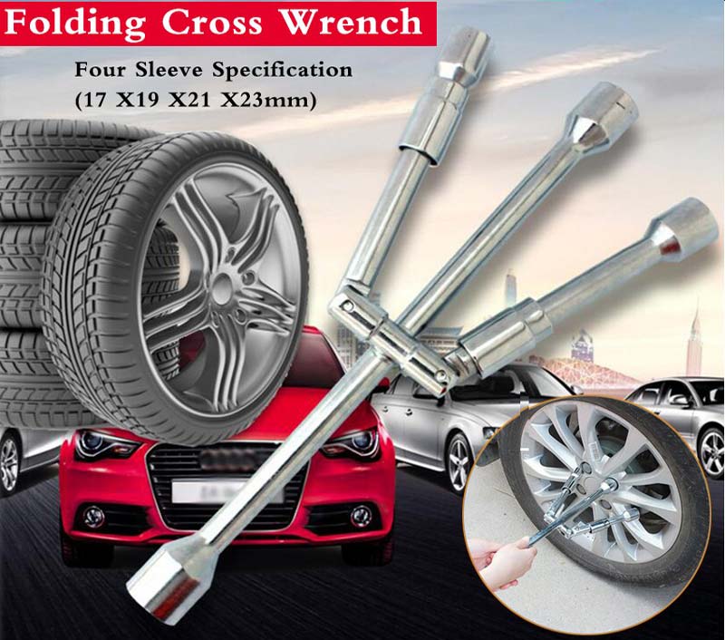Folding 4 Way Cross Wheel Wrench Spanner Car Brace 17 19 21 23mm Socket Nut Tyre
