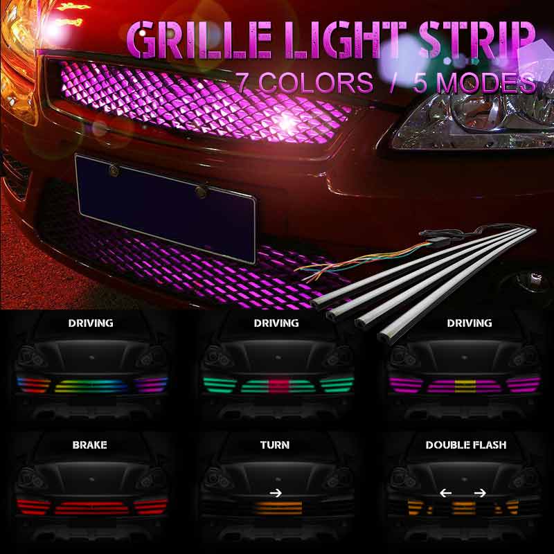 4pcs RGB Front Grille light Bar Dynamic streamer DRL Flexible strip flowing strip water running car-styling with 5 modes