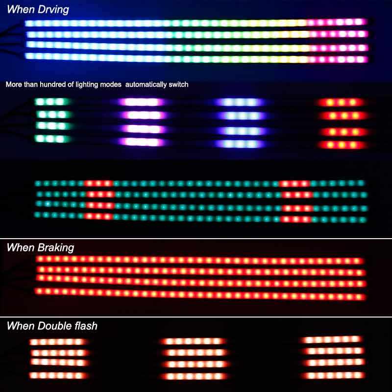 4pcs RGB Front Grille light Bar Dynamic streamer DRL Flexible strip flowing strip water running car-styling with 5 modes