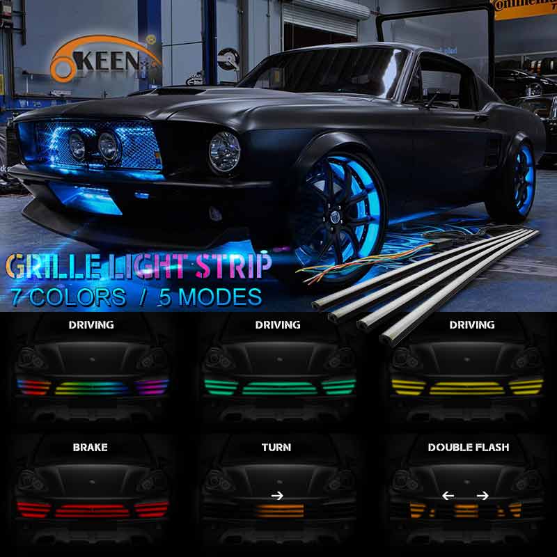 4pcs RGB Front Grille light Bar Dynamic streamer DRL Flexible strip flowing strip water running car-styling with 5 modes