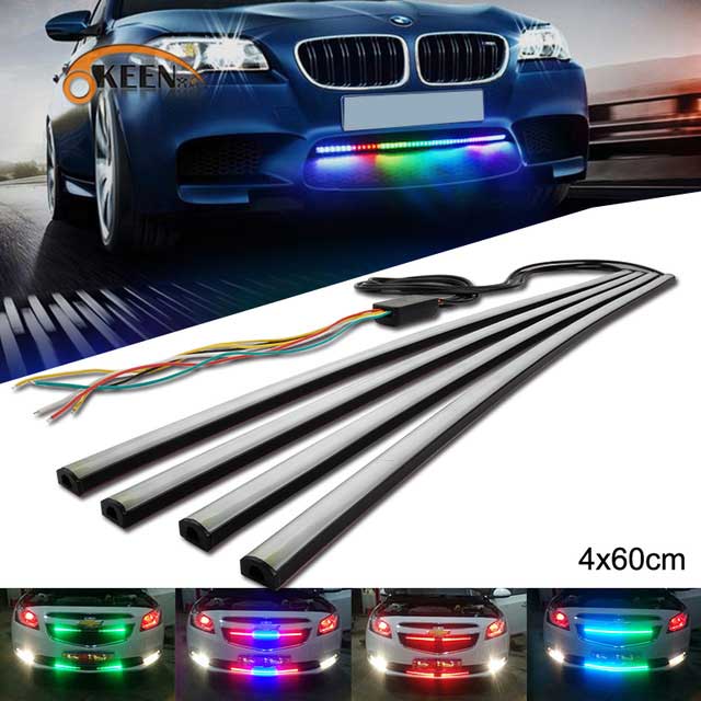4pcs RGB Front Grille light Bar Dynamic streamer DRL Flexible strip flowing strip water running car-styling with 5 modes