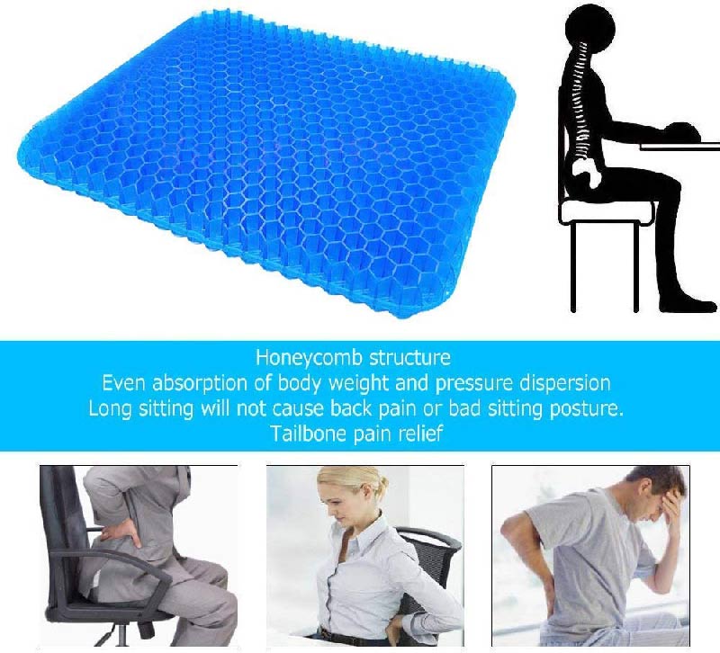 Gel Seat Cushion Comfort Blue Honeycomb Design Gel Pad Provides Excellent Support for Lower Back, Spine, Hips Promotes Venting & Good Sitting Posture for Office Chair Car Sitter Wheelchair