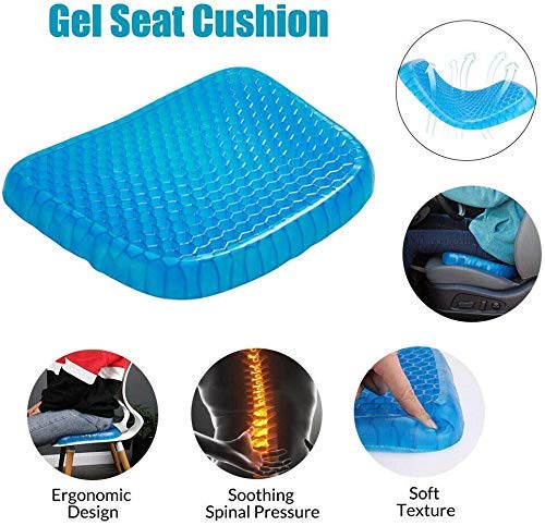 Gel Seat Cushion Comfort Blue Honeycomb Design Gel Pad Provides Excellent Support for Lower Back, Spine, Hips Promotes Venting & Good Sitting Posture for Office Chair Car Sitter Wheelchair