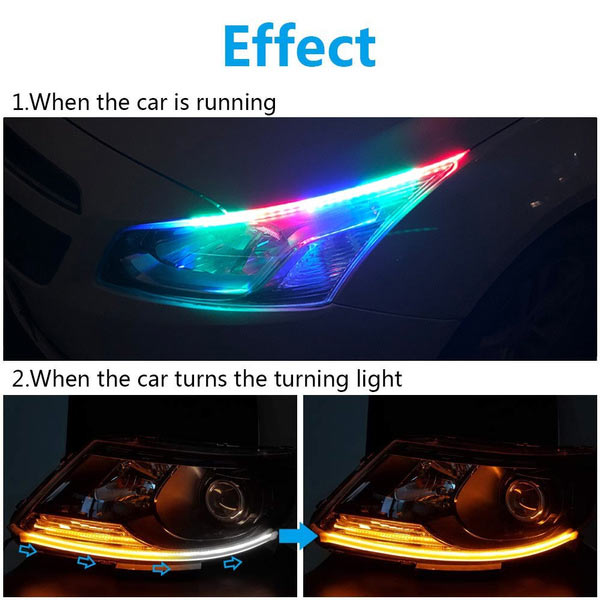 45cm Car Headlight Daytime Running Strip Light RGB Flexible Indicator Lights for Cars & Bikes with Wireless Remote Controller (60 cm, Set of 2 Pieces) (Multicolor)