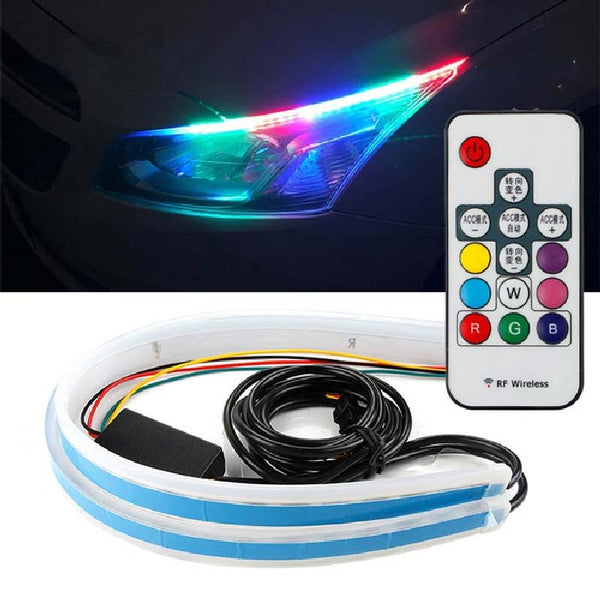 45cm Car Headlight Daytime Running Strip Light RGB Flexible Indicator Lights for Cars & Bikes with Wireless Remote Controller (60 cm, Set of 2 Pieces) (Multicolor)