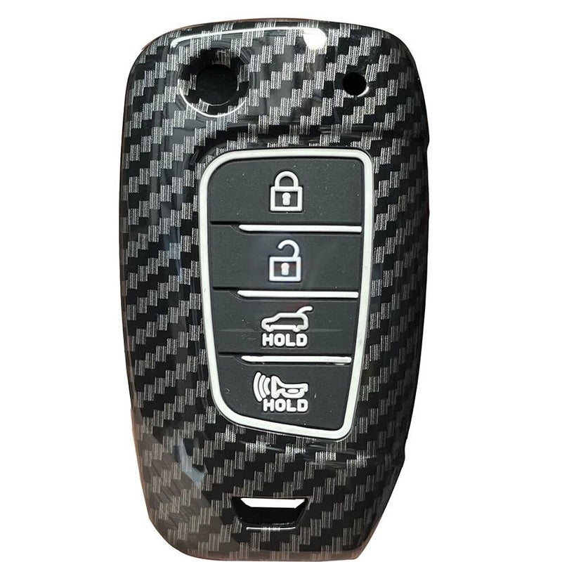 Hyundai Accent Kona 4 Button Carbon Fiber Remote Key Fob Key Cover Case With Keychain