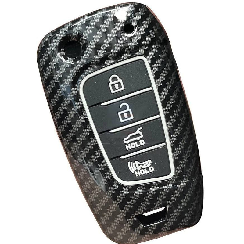 Hyundai Accent Kona 4 Button Carbon Fiber Remote Key Fob Key Cover Case With Keychain