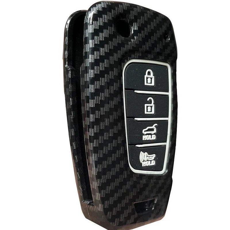 Hyundai Accent Kona 4 Button Carbon Fiber Remote Key Fob Key Cover Case With Keychain