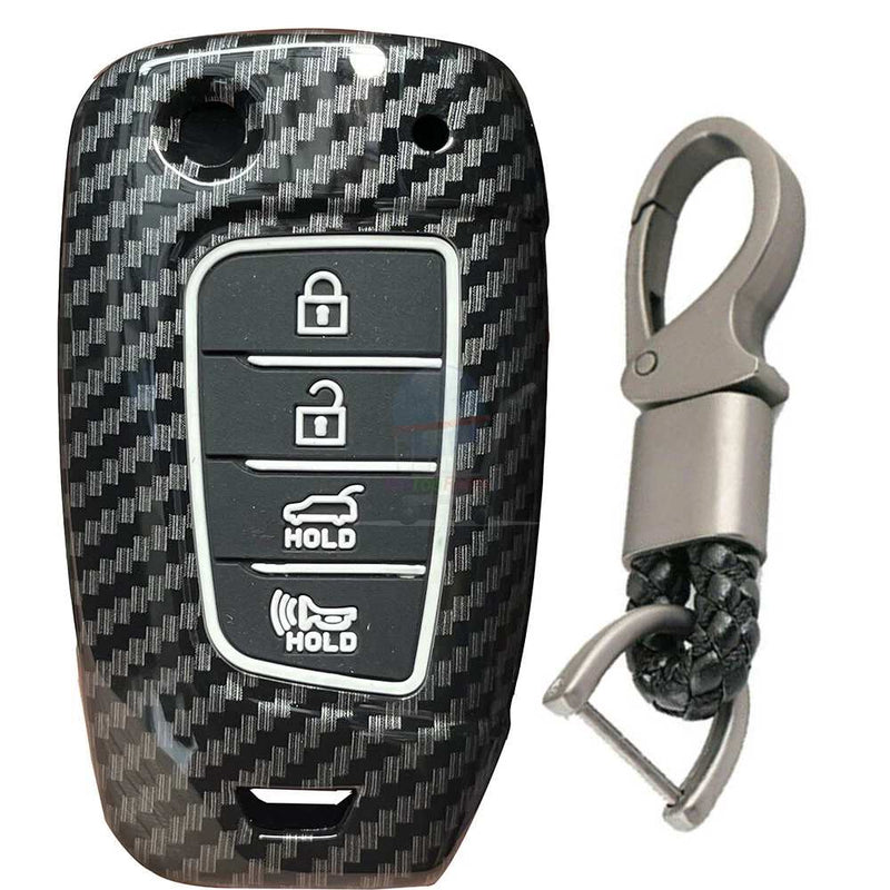 Hyundai Accent Kona 4 Button Carbon Fiber Remote Key Fob Key Cover Case With Keychain