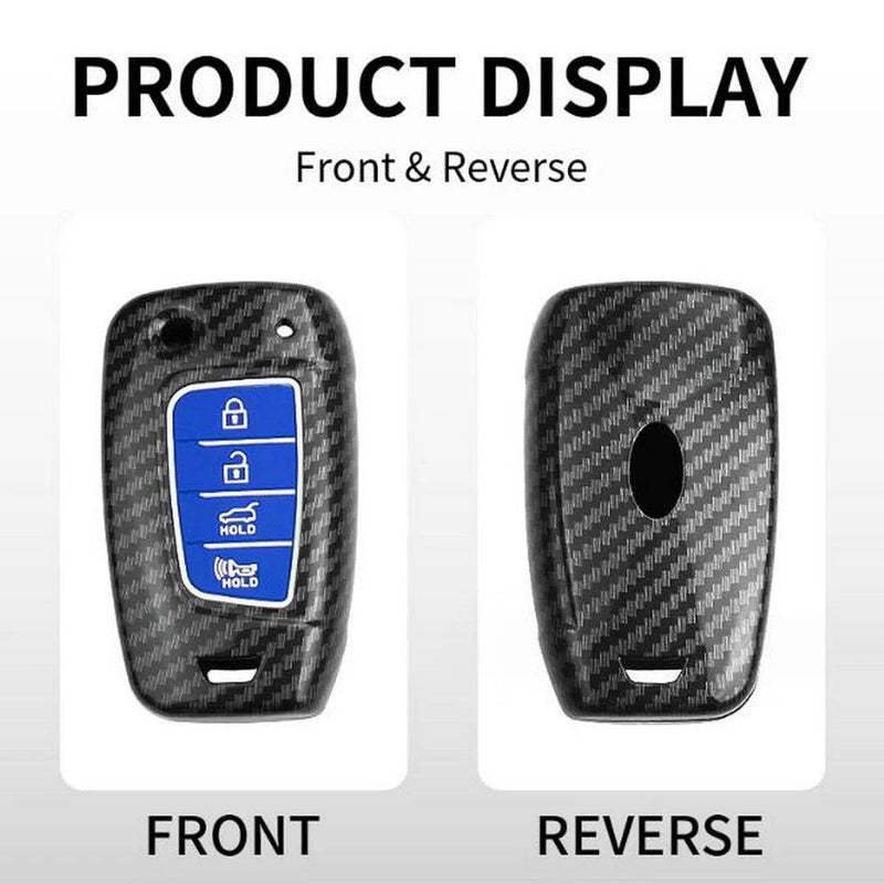 Hyundai Accent Kona 4 Button Carbon Fiber Remote Key Fob Key Cover Case With Keychain