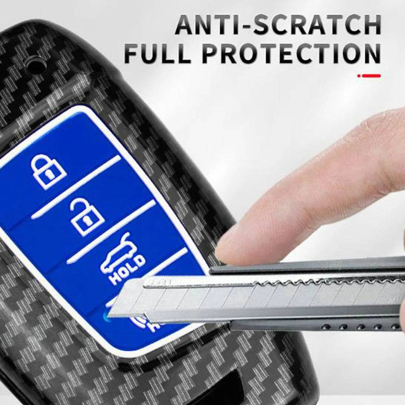 Hyundai Accent Kona 4 Button Carbon Fiber Remote Key Fob Key Cover Case With Keychain