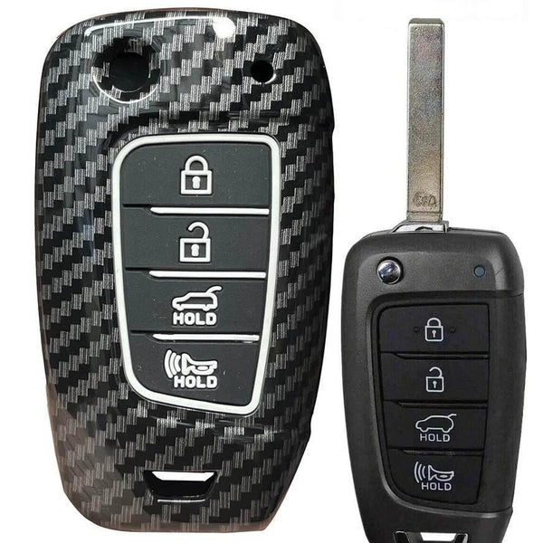 Hyundai Accent Kona 4 Button Carbon Fiber Remote Key Fob Key Cover Case With Keychain