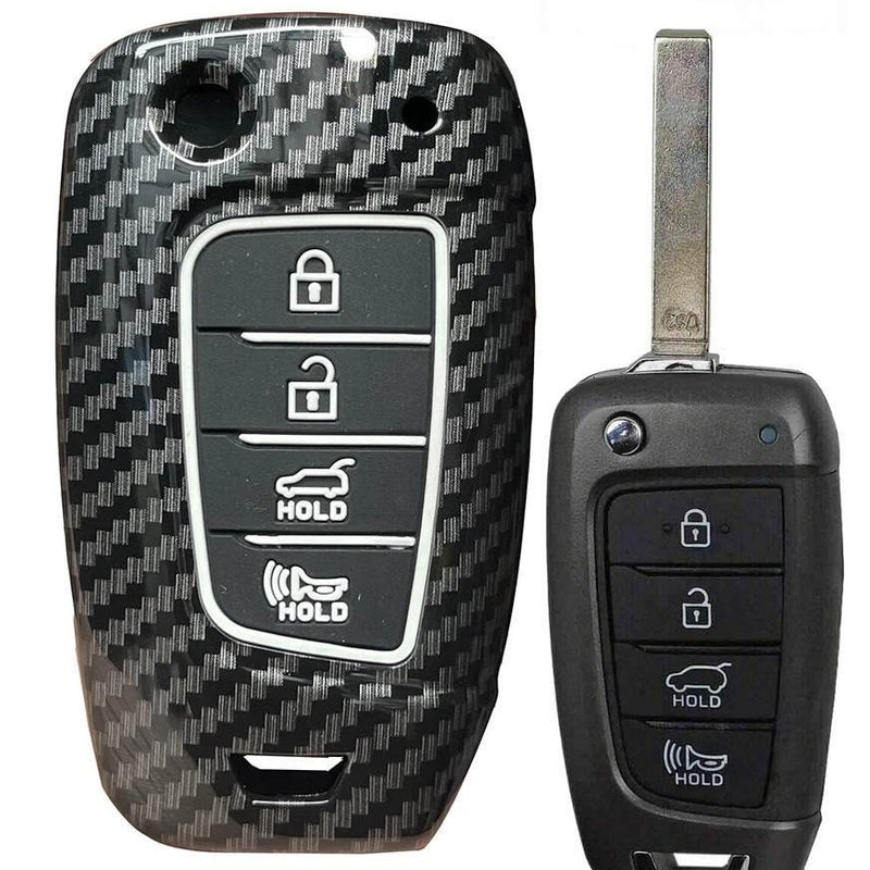 Hyundai Accent Kona 4 Button Carbon Fiber Remote Key Fob Key Cover Case With Keychain