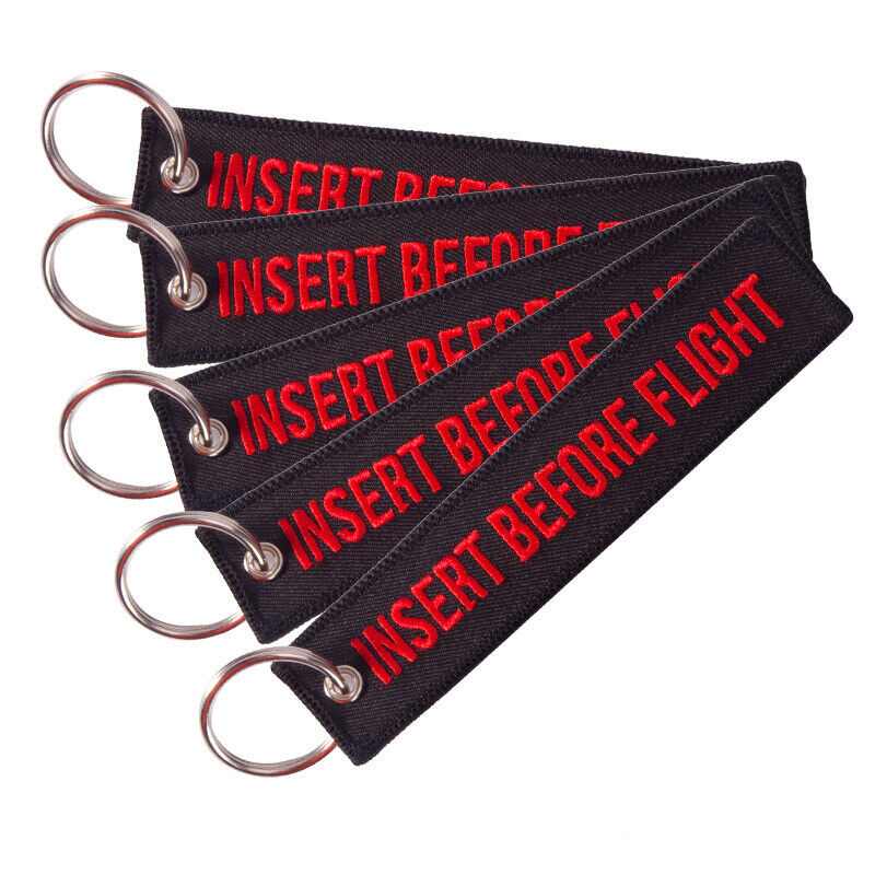 INSERT BEFORE FLIGHT Car Bike Embroidered Fabric Tag Strap Keyring Key Holder