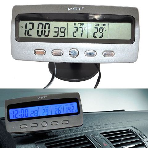 LCD Car Voltage Monitor Battery Alarm In / Out Temperature Thermometer Clock 12V