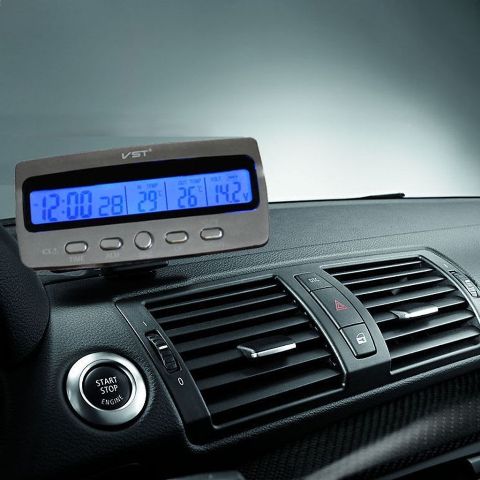 LCD Car Voltage Monitor Battery Alarm In / Out Temperature Thermometer Clock 12V