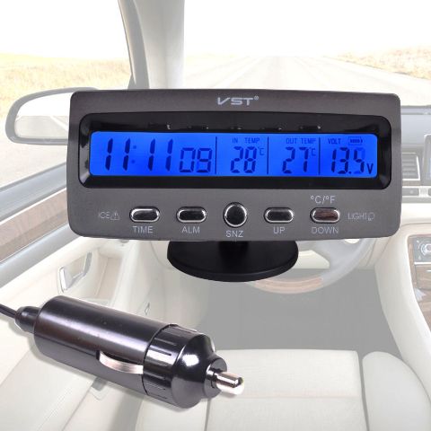 LCD Car Voltage Monitor Battery Alarm In / Out Temperature Thermometer Clock 12V