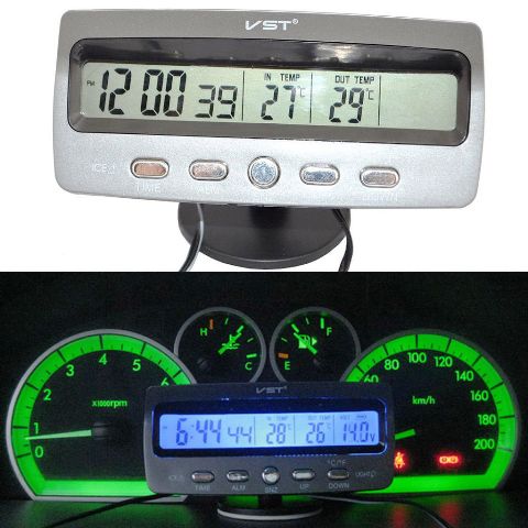 LCD Car Voltage Monitor Battery Alarm In / Out Temperature Thermometer Clock 12V