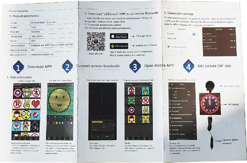 12V Animation Car LED Display Screen,Controlled Emoji Car LED Display Screen Adjustable Support Bluetooth App for iOS Android