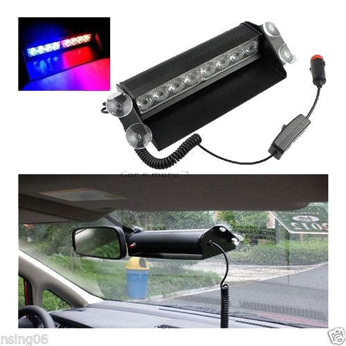 Universal Car Bright Police Style 8 LED Red Blue Strobe Light