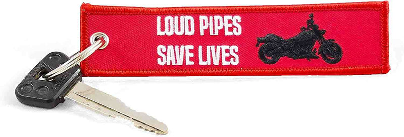 LOUD PIPES SAVE LIVES Car Bike Embroidered Fabric Tag Strap Keyring Key Holder