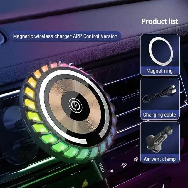 Magnetic Car Wireless Charger APP RGB LED Air Vent Stand Holder For Magsafe iPhone 15 14 13 12 Pro Max Phone Charging Station