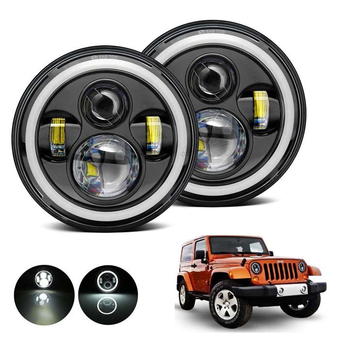 1pc 7inch LED 55W Headlight DRL Ring for Royal Enfield Bike Mahindra Thar Jeep Maruti Gypsy (White & Amber Color)
