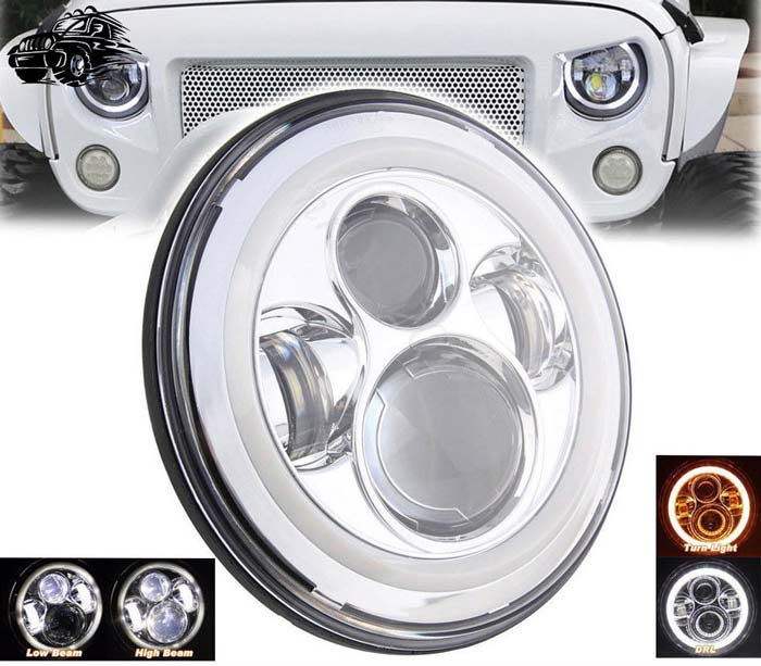 1pc 7inch LED 55W Headlight DRL Ring for Royal Enfield Bike Mahindra Thar Jeep Maruti Gypsy (White & Amber Color)