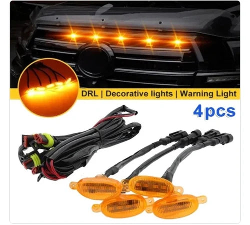4Pcs Car Grille Lights Bright Amber LED Grill Lights with Wiring Harness Front Grill Trim Lamps Vehicle Exterior Grille Lamps