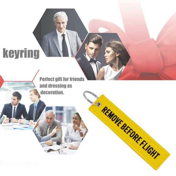 REMOVE BEFORE FLIGHT Car Bike Embroidered Fabric Tag Strap Keyring Key Holder