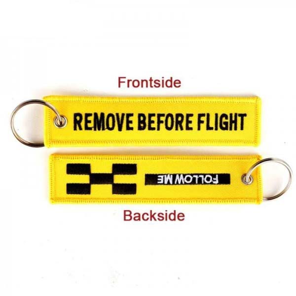 REMOVE BEFORE FLIGHT Car Bike Embroidered Fabric Tag Strap Keyring Key Holder