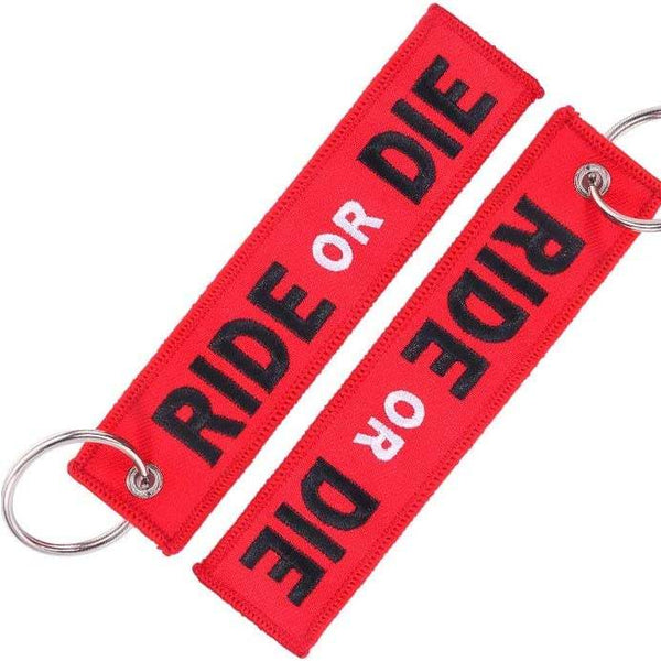 RIDE OR DIE Car Bike Embroidered Fabric Tag Strap Keyring Key Holder