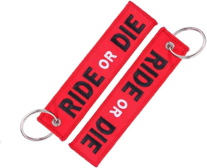 RIDE OR DIE Car Bike Embroidered Fabric Tag Strap Keyring Key Holder