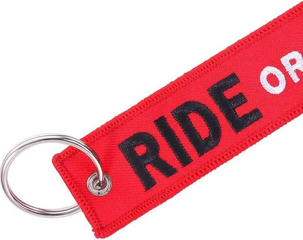 RIDE OR DIE Car Bike Embroidered Fabric Tag Strap Keyring Key Holder