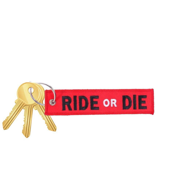 RIDE OR DIE Car Bike Embroidered Fabric Tag Strap Keyring Key Holder