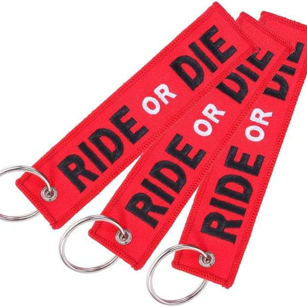 RIDE OR DIE Car Bike Embroidered Fabric Tag Strap Keyring Key Holder