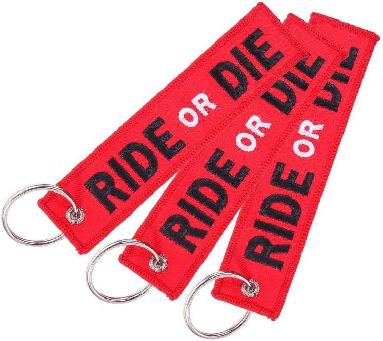RIDE OR DIE Car Bike Embroidered Fabric Tag Strap Keyring Key Holder