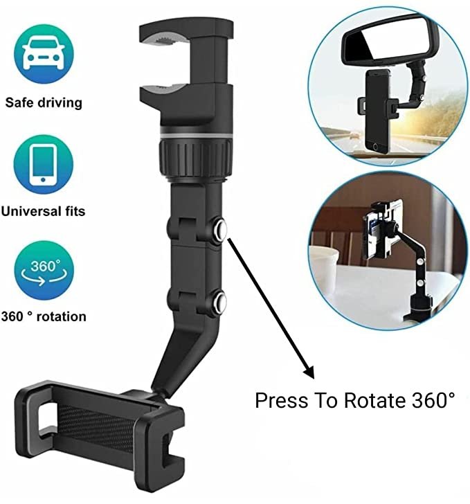 Multifunctional Car Rear View Mirror Rotatable Holder, 360 Car Mounted Hanging Clip Holder for All Universal Mobile Phones & GPS Holder