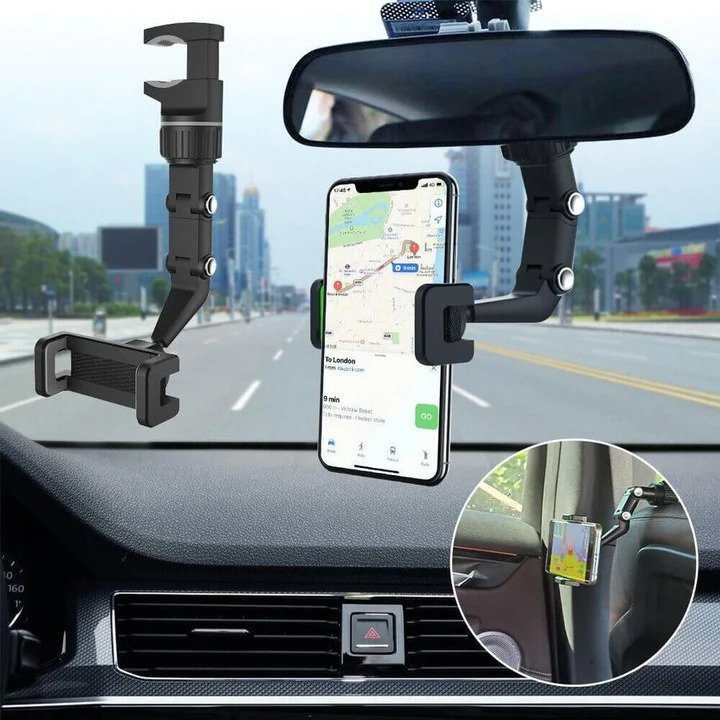 Multifunctional Car Rear View Mirror Rotatable Holder, 360 Car Mounted Hanging Clip Holder for All Universal Mobile Phones & GPS Holder