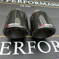 2 STAINLESS SILVER & BLACK CARBON FIBRE AKRAPOVIC EXHAUST TIPS 4” ROLLED EDGE