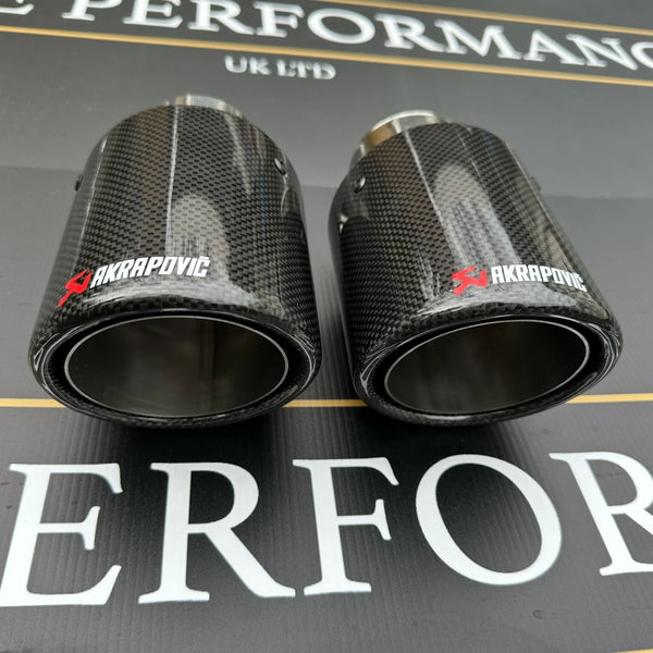 2 STAINLESS SILVER & BLACK CARBON FIBRE AKRAPOVIC EXHAUST TIPS 4” ROLLED EDGE