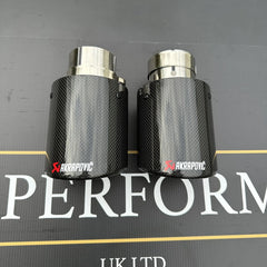 2 STAINLESS SILVER & BLACK CARBON FIBRE AKRAPOVIC EXHAUST TIPS 4” ROLLED EDGE