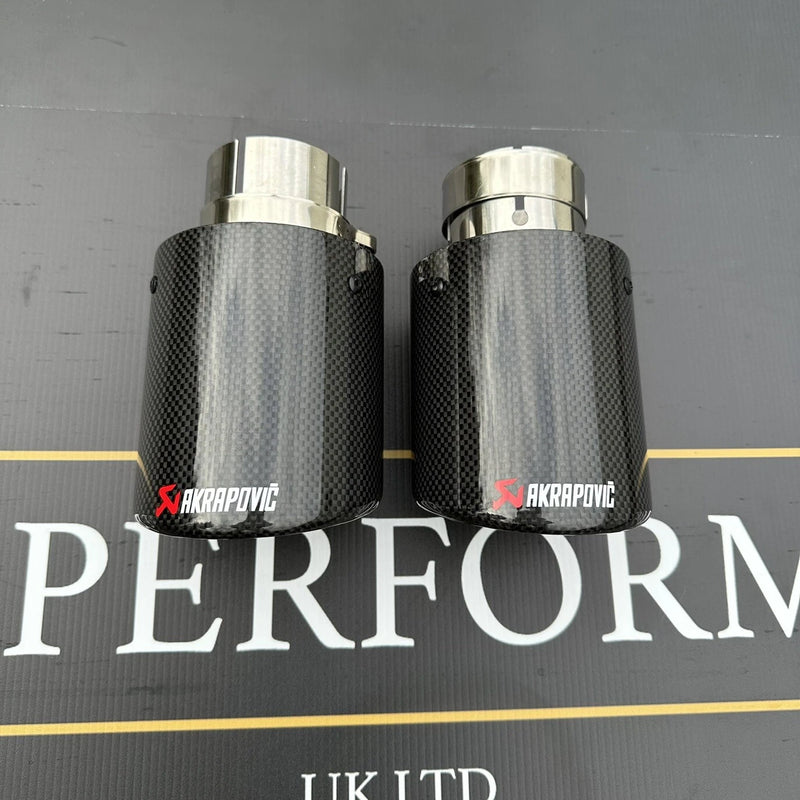2 STAINLESS SILVER & BLACK CARBON FIBRE AKRAPOVIC EXHAUST TIPS 4” ROLLED EDGE