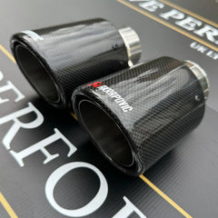 2 STAINLESS SILVER & BLACK CARBON FIBRE AKRAPOVIC EXHAUST TIPS 4” ROLLED EDGE