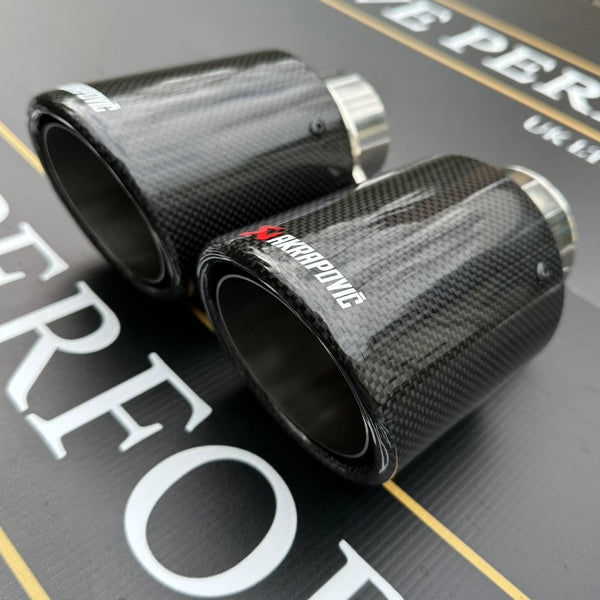 2 STAINLESS SILVER & BLACK CARBON FIBRE AKRAPOVIC EXHAUST TIPS 4” ROLLED EDGE