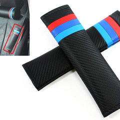 2Pcs Red Blue Stripe Carbon Fiber Embroidery Car Seat Belt Cover Safety Shoulder Pads