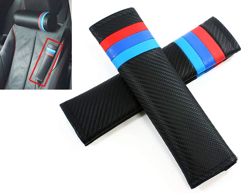 2Pcs Red Blue Stripe Carbon Fiber Embroidery Car Seat Belt Cover Safety Shoulder Pads