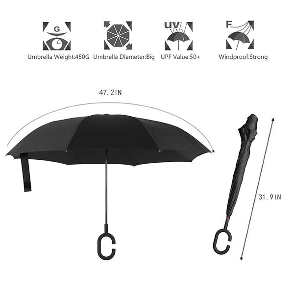 Stylish Newest Double Layer Inverted Umbrella Big Size for Rain| Reversible Windproof Umbrella for UV Protection with C-Shaped Handle| Straight Outdoor Car Umbrellas for Men & Women