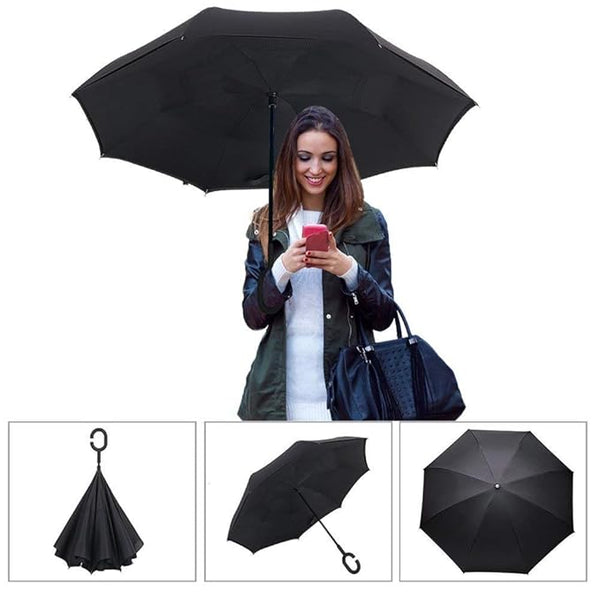 Stylish Newest Double Layer Inverted Umbrella Big Size for Rain| Reversible Windproof Umbrella for UV Protection with C-Shaped Handle| Straight Outdoor Car Umbrellas for Men & Women